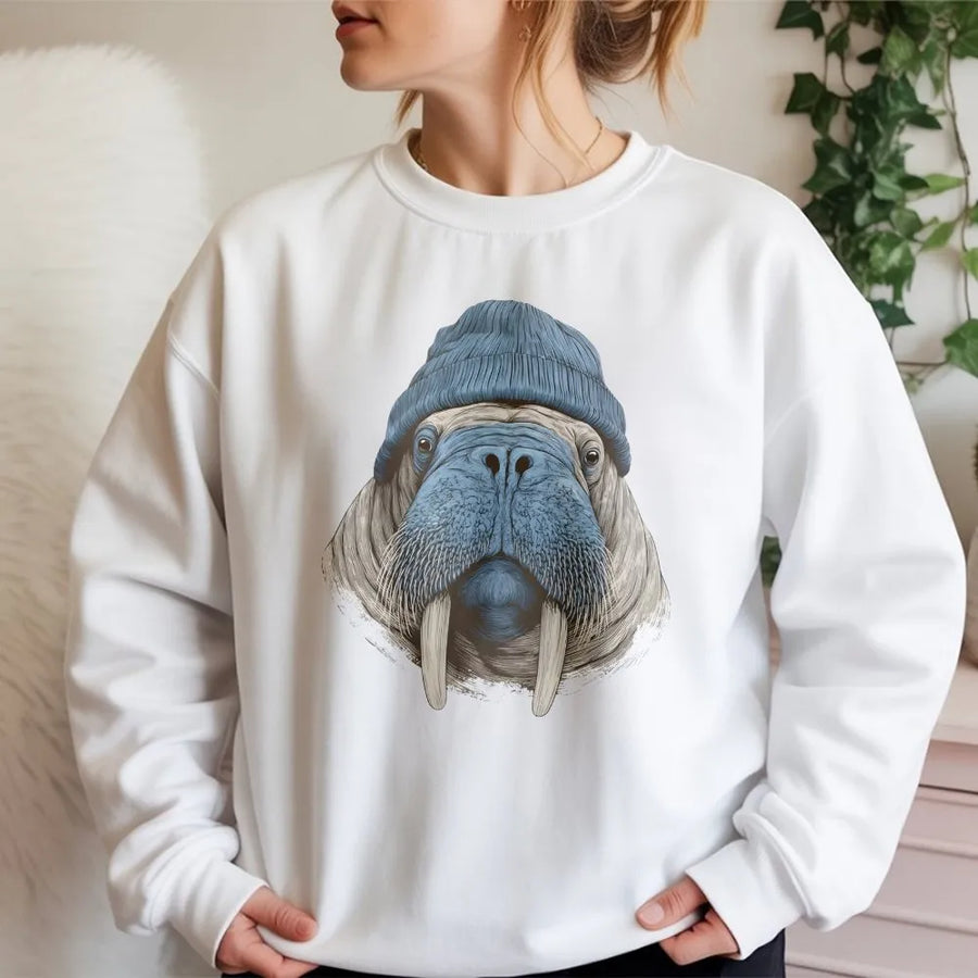 Walrus Sweatshirt | Cute Beanie Animal Graphic Art | Premium Cotton Blend | Gift for Arctic Wildlife Lovers
