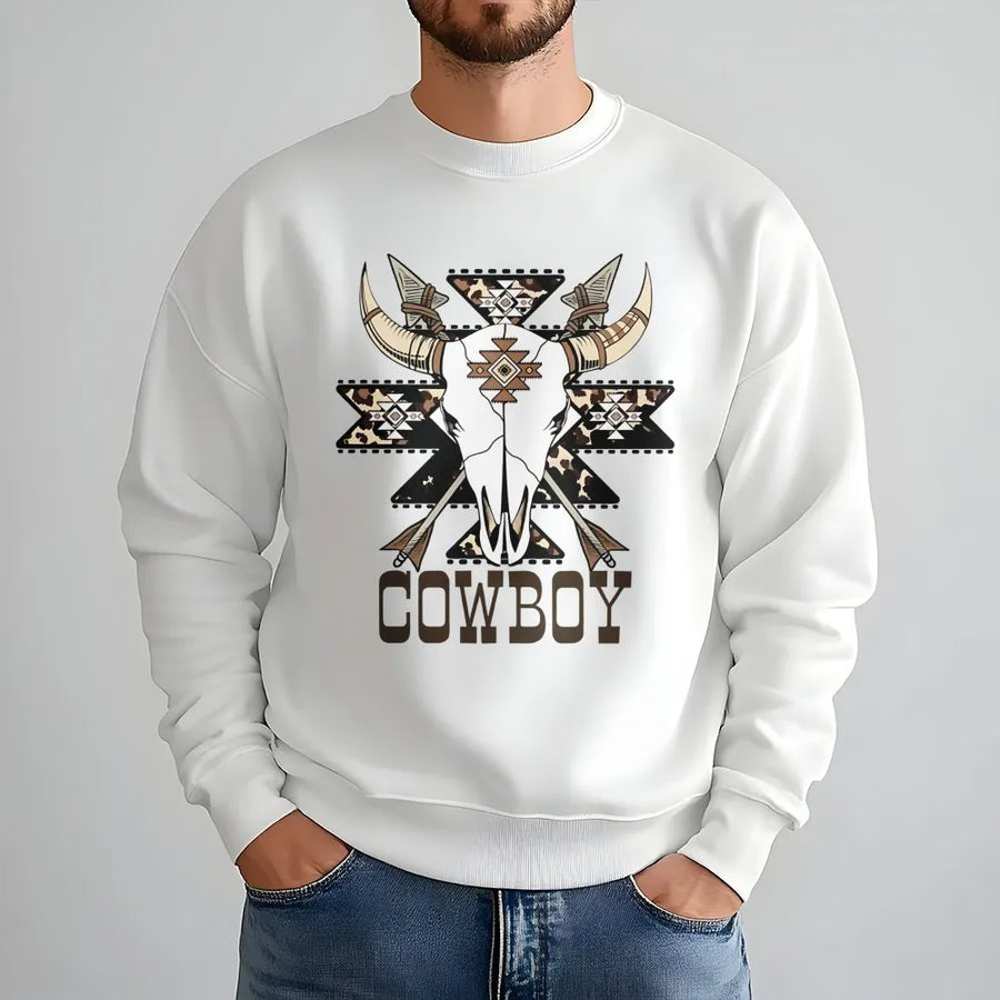 Cowboy Skull Sweatshirt | Western Aztec Tribal Graphic | Premium Cotton Blend | Rustic Country Gift For Men And Women