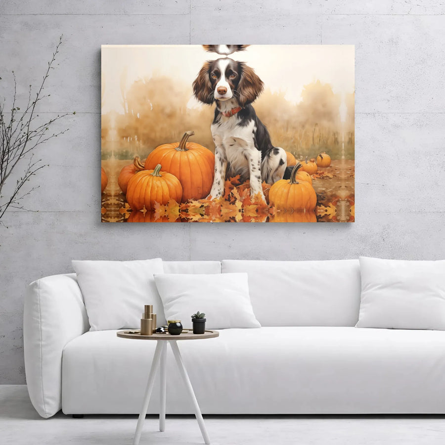 English Springer Spaniel Wall Art | Autumn Pumpkin Patch Watercolor Print | Gallery Wrapped Canvas | Fall Dog Lover Gift