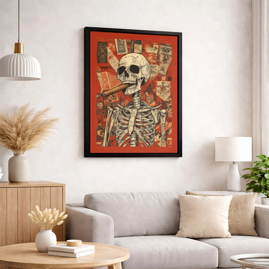Skeleton Smoking Cigar Wall Art | Vintage Collage Aesthetic Print | Premium Gallery Wrapped Canvas | Edgy Home Office Decor Gift