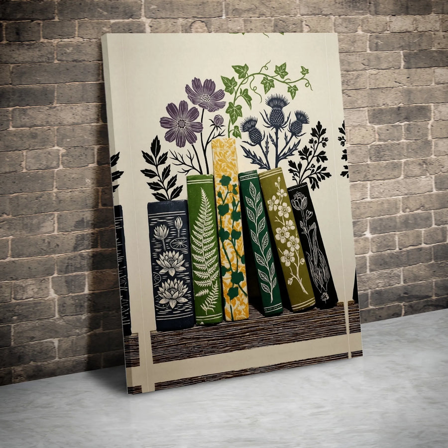 Botanical Bookshelf Canvas Art | Vintage Floral Book Spines Print | Premium Gallery-Wrapped Canvas | Wall Decor Gift for Readers
