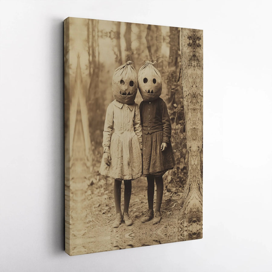 Vintage Halloween Wall Art | Creepy Jack-O'-Lantern Children Photo | Premium Gallery Wrap Canvas | Gothic Home Decor Gift for Horror Fans