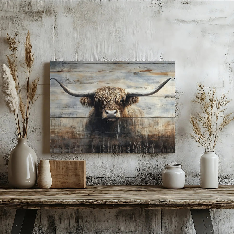 Highland Cow Canvas Wall Art | Rustic Shaggy Cow Painting on Wood Panel | Premium Gallery Wrapped Print | Farmhouse Living Room Decor & Housewarming Gift