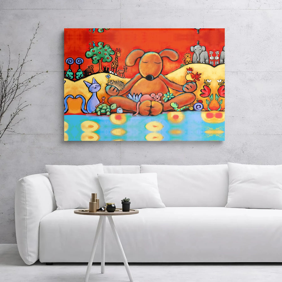 Meditating Dog Yoga Canvas Wall Art | Colorful Whimsical Animal Illustration | Premium Gallery Wrap Print | Zen Home Decor Gift for Animal Lovers