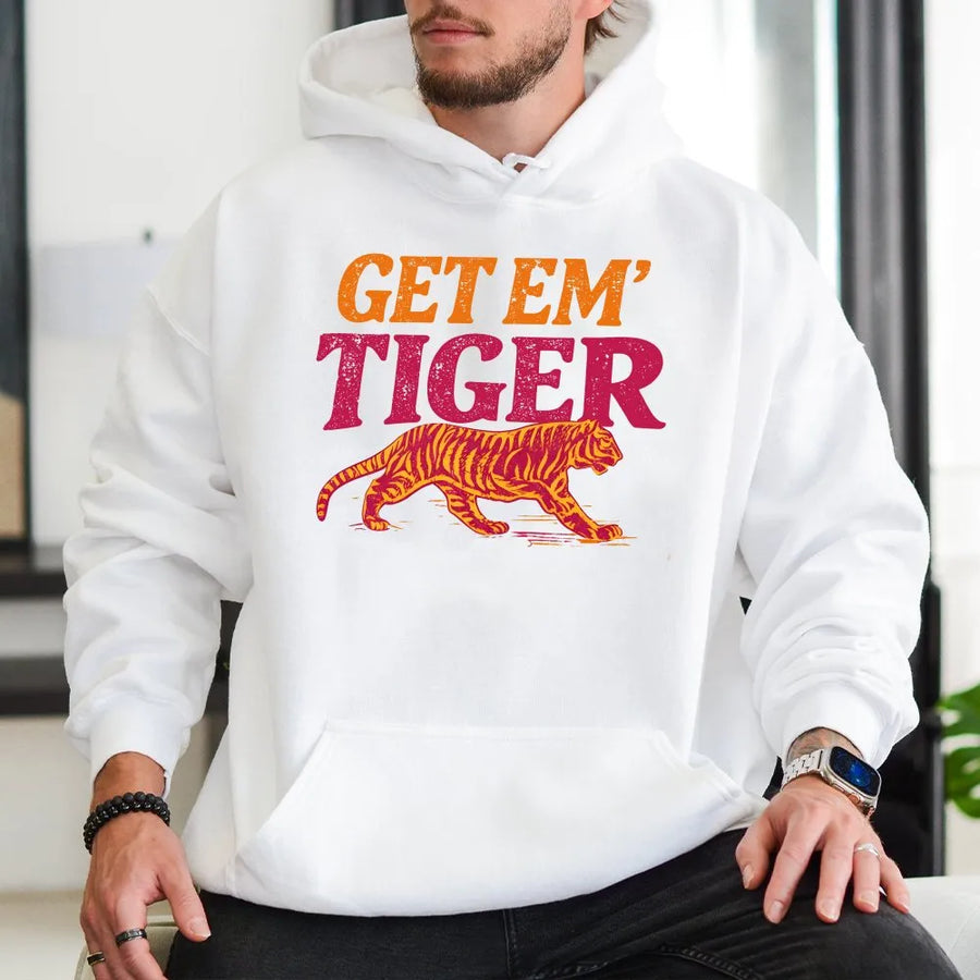 Get Em Tiger Shirt | Retro Mascot Graphic Tee for Game Day | Soft Cotton School Spirit Wear | Gift for Sports Fan, Student, or Alumni