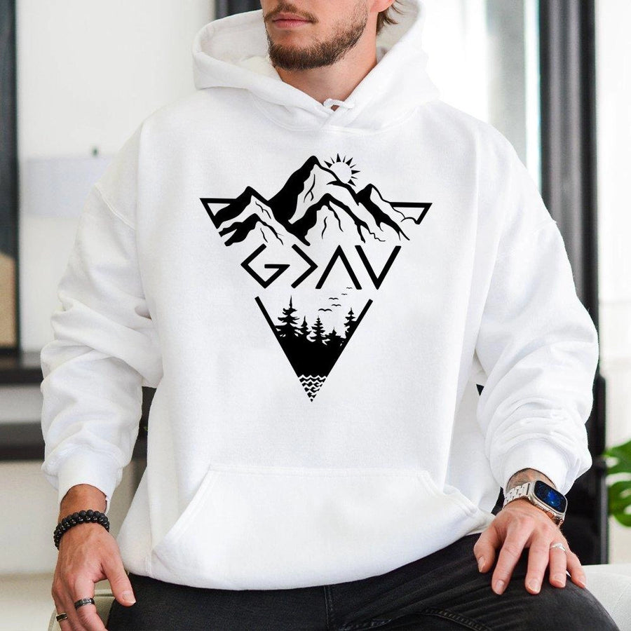 God Is Greater Than The Highs And Lows Hoodie | Minimalist Mountain Faith Graphic | Soft Cotton-Blend Premium Apparel | Religious Gift For Men And Women