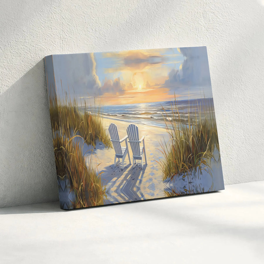 Coastal Beach Canvas Wall Art | Adirondack Chairs at Sunset Landscape | Gallery Quality Wrapped Print | Relaxing Home Decor Gift