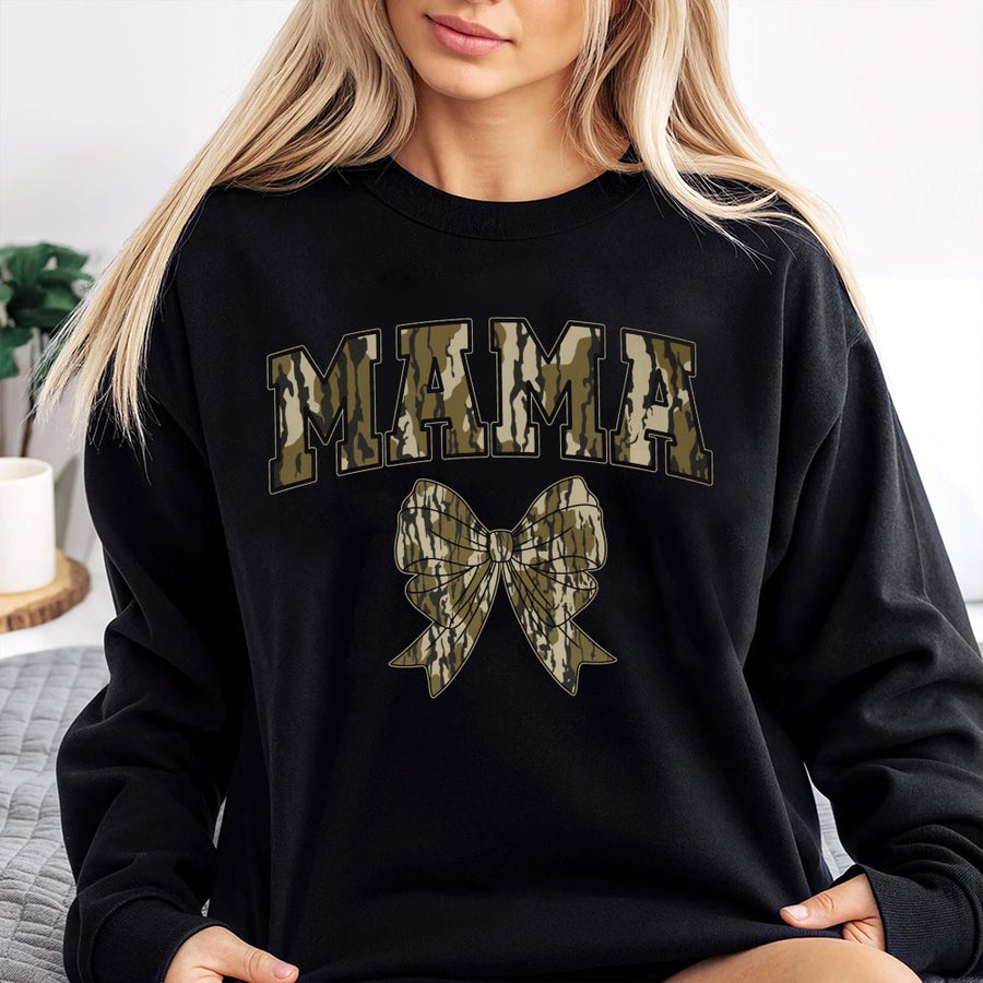 Camo Mama Sweatshirt | Camouflage Bow Graphic Print | Soft Cotton-Blend Premium Apparel | Trendy Gift for Outdoorsy Moms