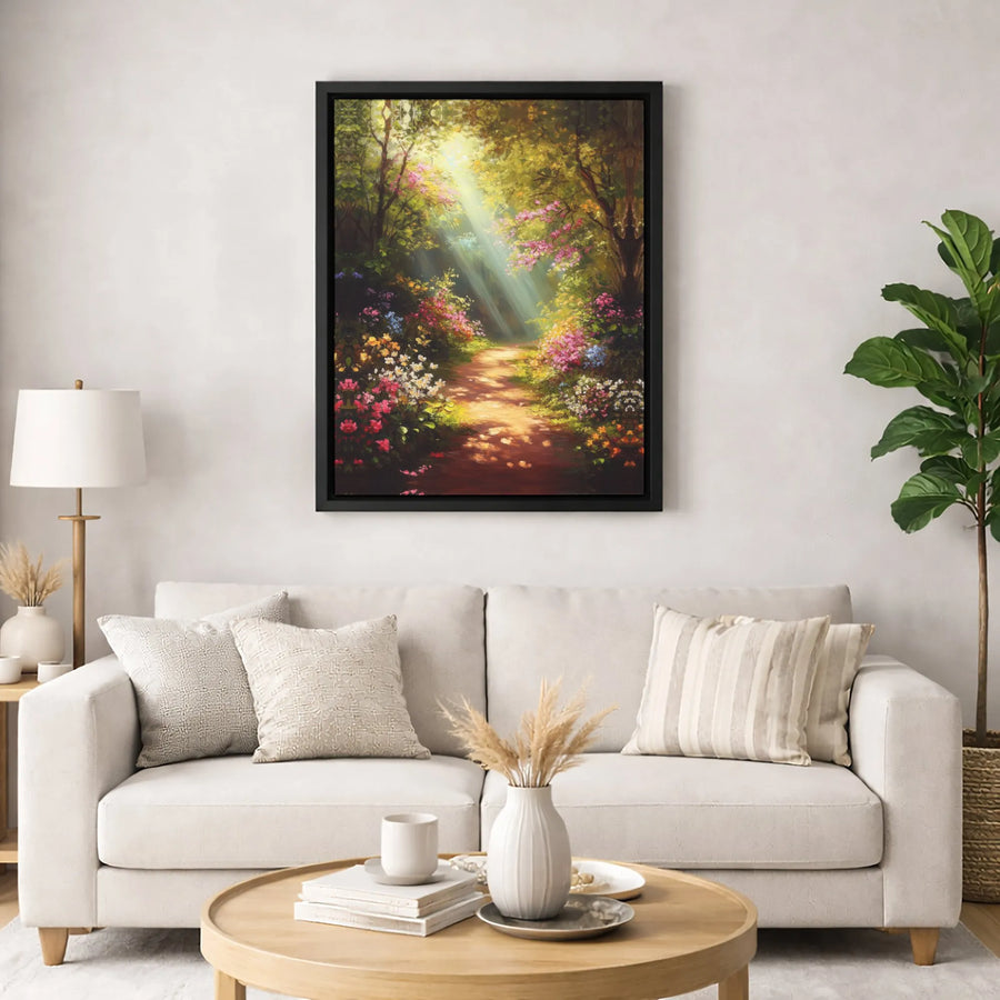 Forest Path Wall Art | Sunlit Garden Landscape Canvas | Premium Fade-Resistant Gallery Wrap | Serene Nature Decor for Living Room Gift