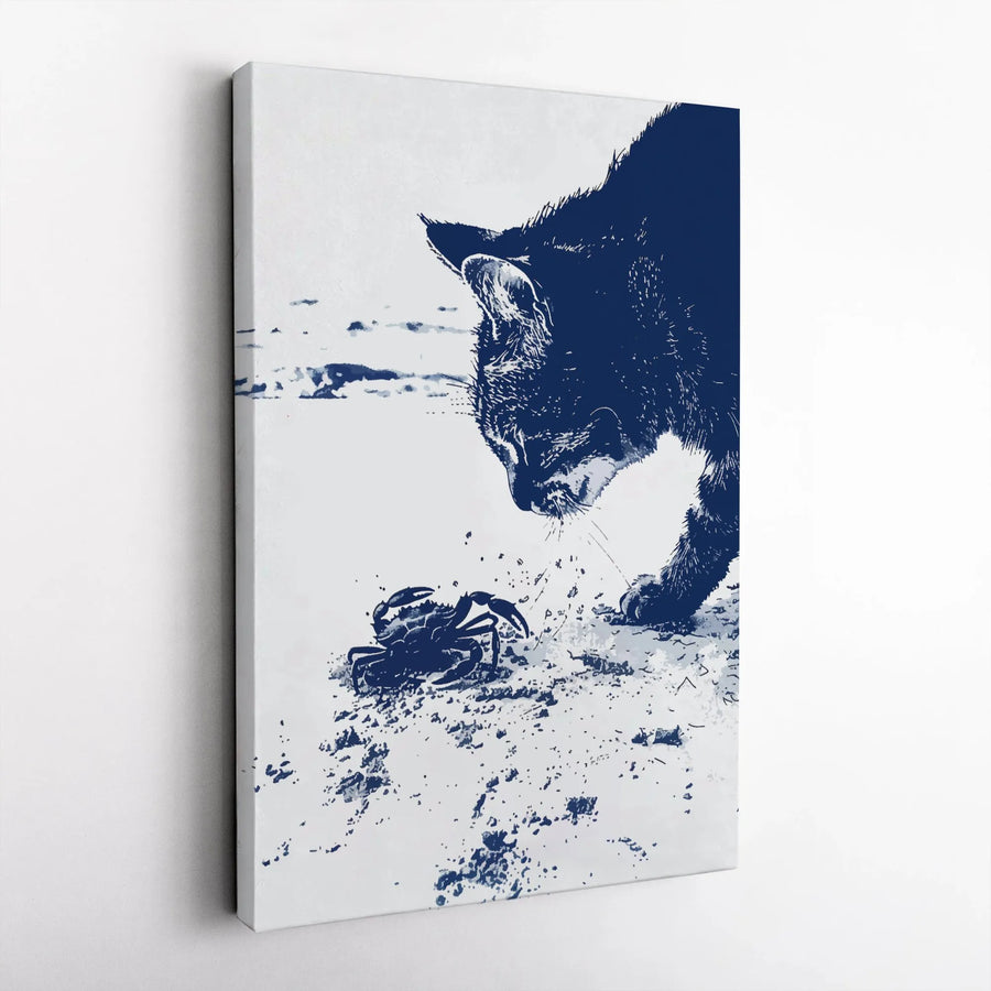 Cat and Crab Wall Art | High Contrast Blue and White Animal Print | Gallery Quality 1.25" Canvas | Modern Coastal Home Decor Gift