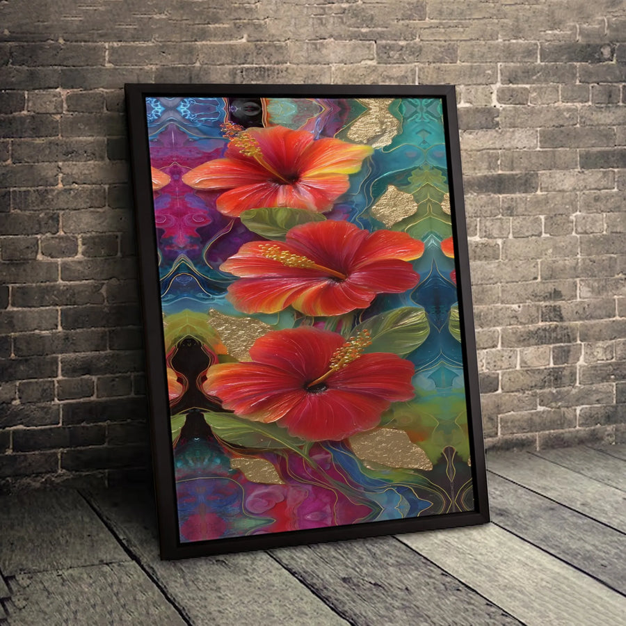 Red Hibiscus Flower Canvas Print | Abstract Gold Leaf Floral Wall Art | Premium Gallery-Wrapped Gallery Quality | Tropical Home Decor Gift