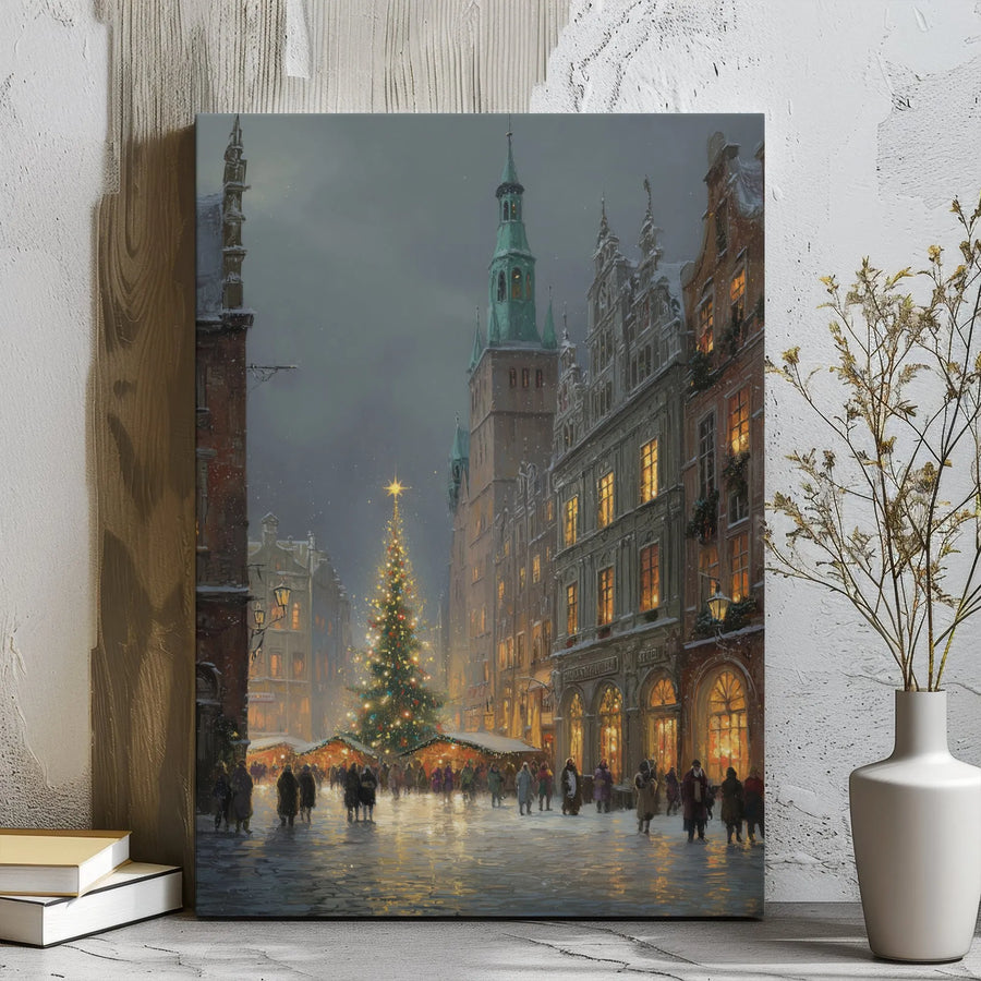European Christmas Market Canvas | Snowy Old Town Square Wall Art | Premium Gallery Wrap Holiday Decor | Festive Winter Cityscape Gift