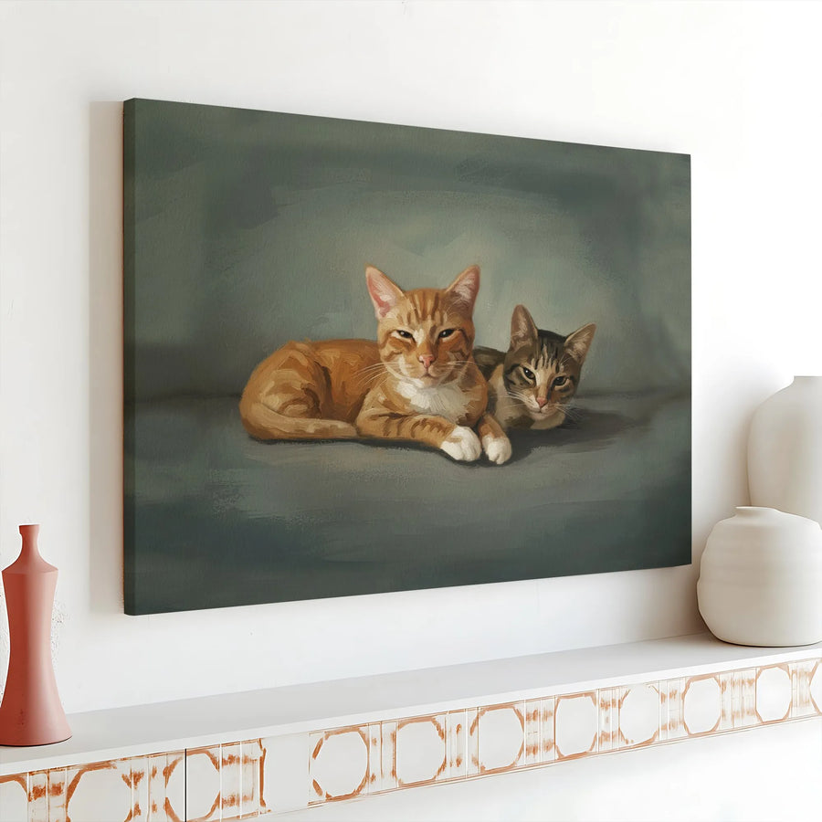 Two Tabby Cats Wall Art | Oil Painting Style Animal Portrait | Premium Gallery Wrapped Canvas | Cozy Home Decor Gift for Cat Lovers