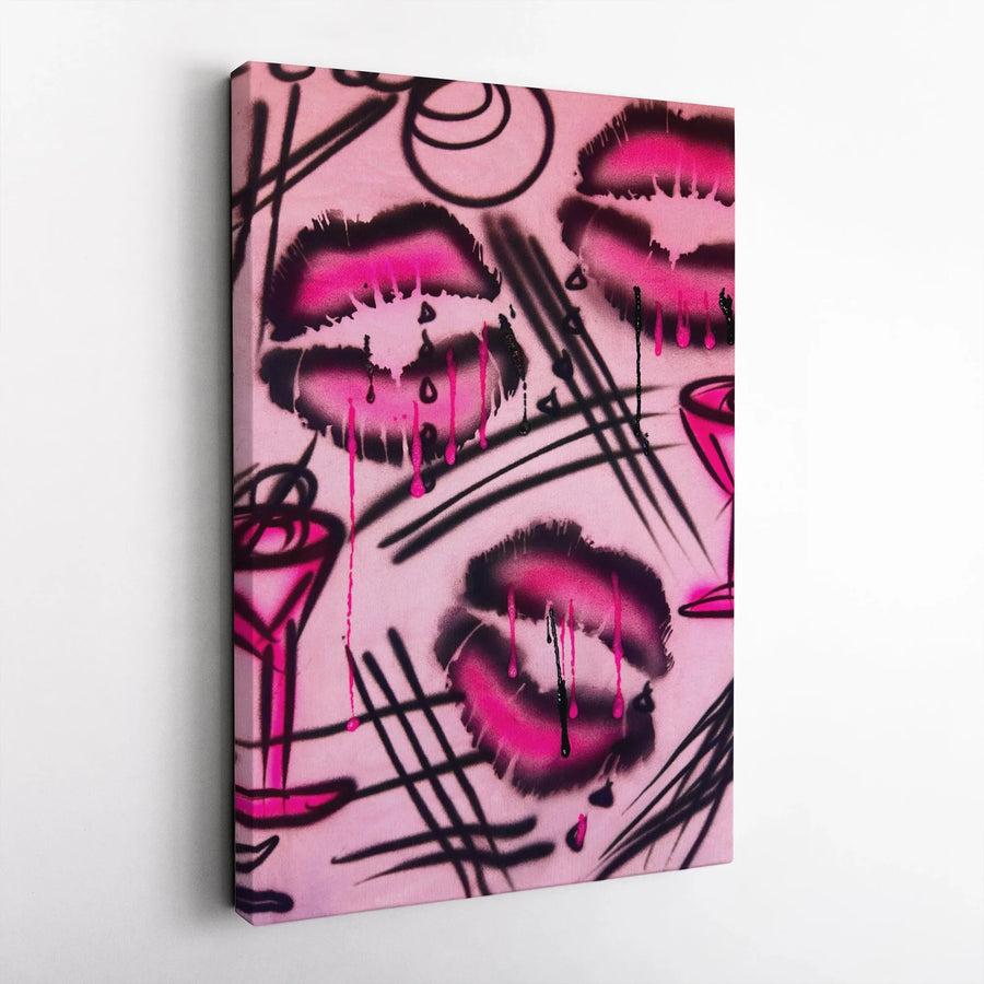 Pink Lips Graffiti Canvas Print | Street Art Martini Glass Decor | Gallery Quality Premium Wall Art | Edgy Chic Bedroom Living Room Gift