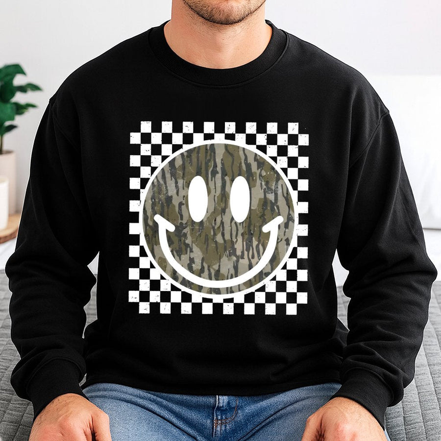 Camo Smiley Face Sweatshirt | Retro Checkerboard Print | Premium Cotton Blend | Gift for Her Outdoorsy Aesthetic Clothing