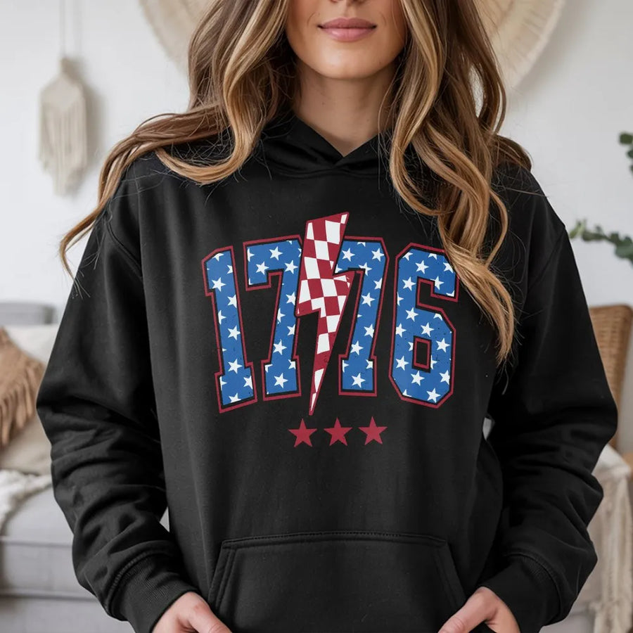 Vintage 1776 Hoodie | Patriotic USA Flag Lightning Bolt Graphic | Premium Cotton-Blend Sweatshirt | 4th of July Gift for Men Women