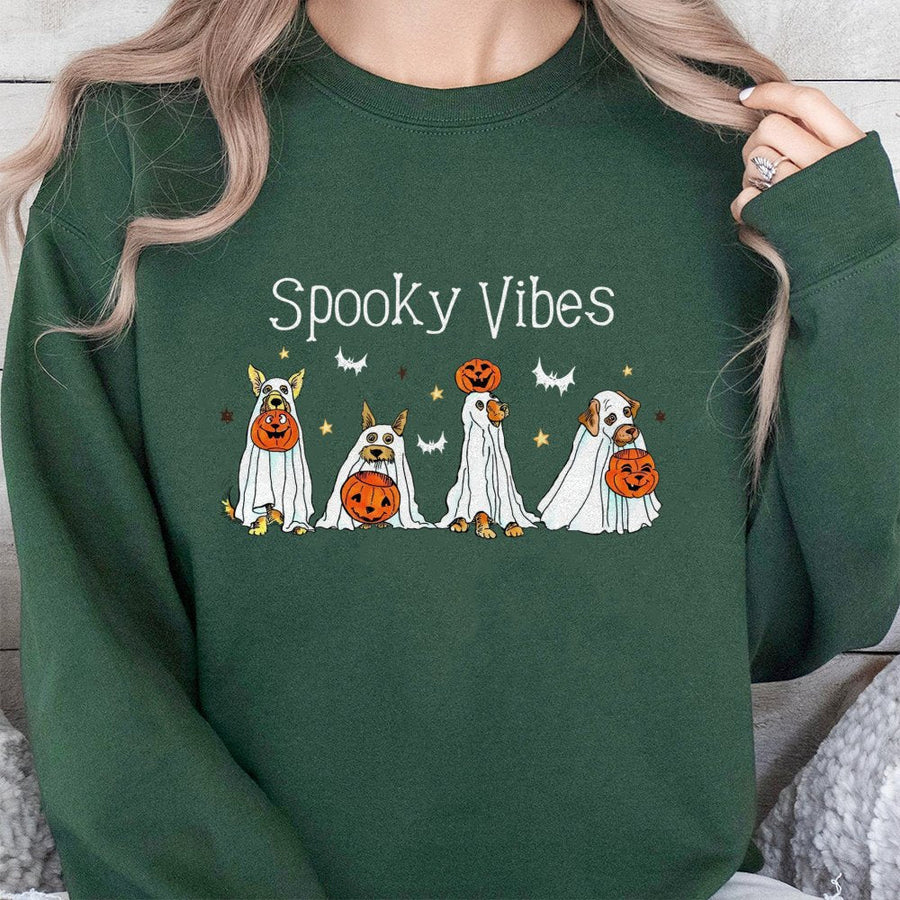 Ghost Dog Halloween Sweatshirt | Spooky Vibes Retro Graphic Tee | Premium Cotton Blend Crewneck | Cute Pet Lover Gift for Fall Season