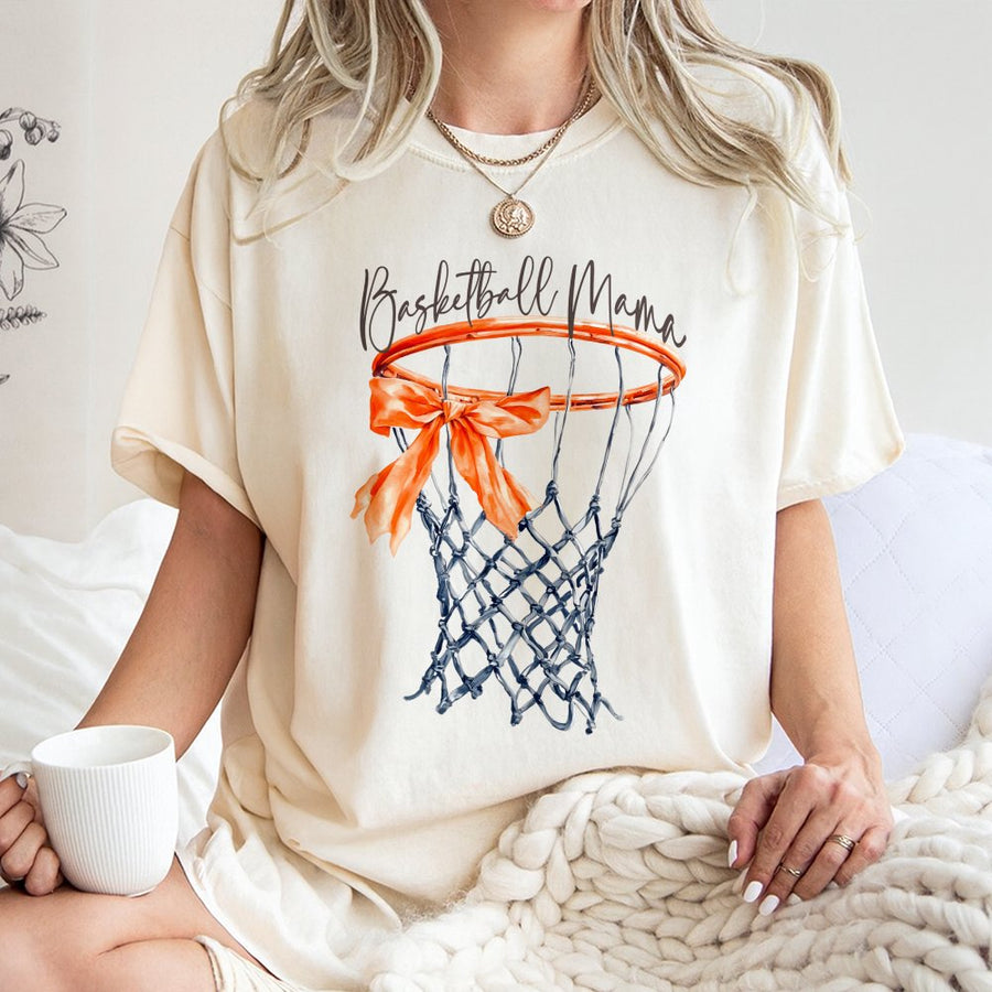Basketball Mama T-Shirt | Watercolor Hoop with Ribbon Graphic | Premium 100% Cotton Tee | Sports Mom Gift for Game Day