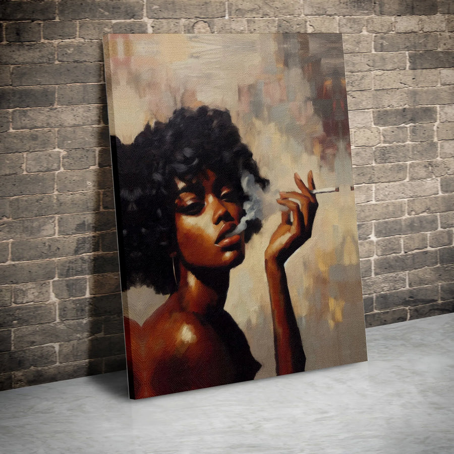 Black Woman Art Canvas | Afro Hair Portrait Smoking Painting | Gallery Quality Fade-Resistant Print | Elegant Modern Home Decor Gift