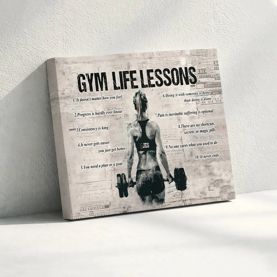 Gym Life Lessons Canvas | Inspirational Quotes Print with Female Lifter | Premium Thick Canvas | Home Gym Decor Gift