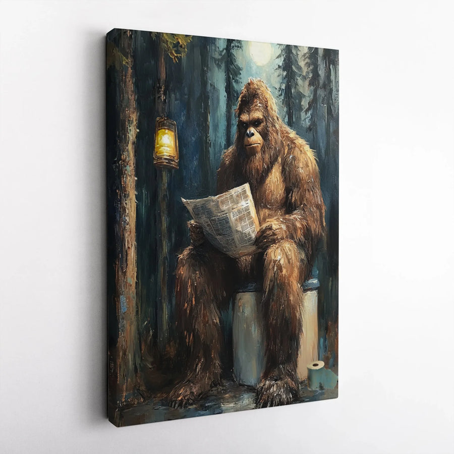 Bigfoot Reading Newspaper on Toilet Canvas | Funny Sasquatch Bathroom Wall Art | Premium Gallery-Wrapped Print | Unique Man Cave Decor Gift