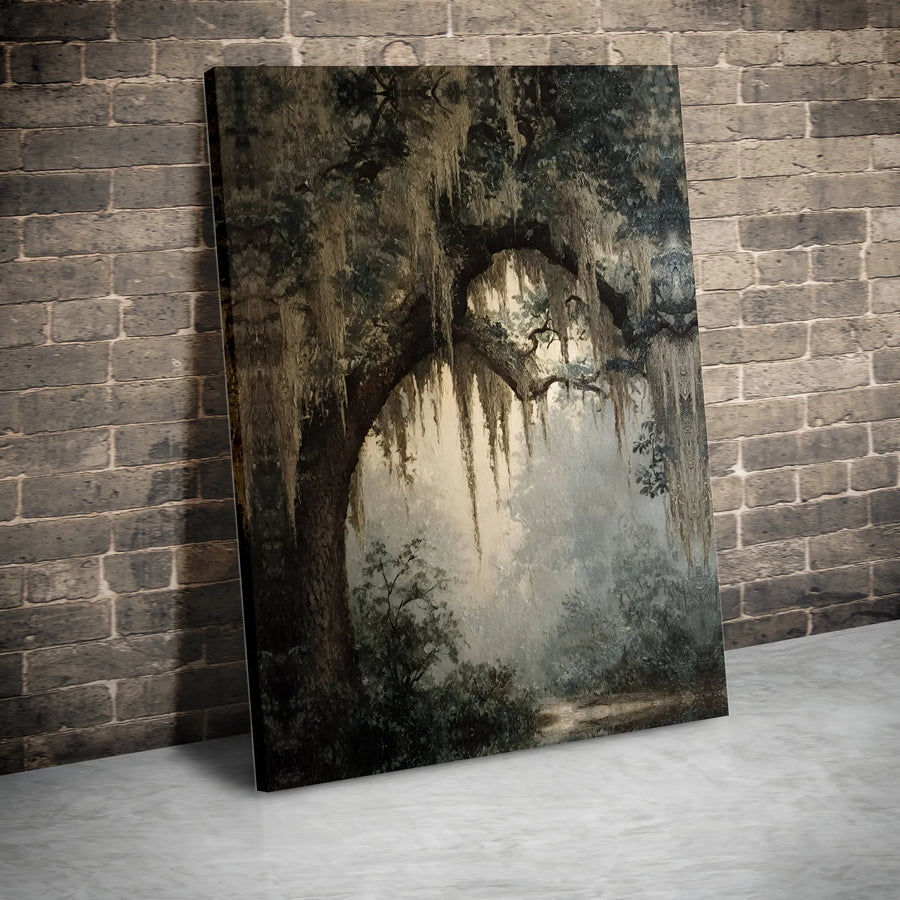 Vintage Southern Oak Tree Canvas Art | Moody Southern Gothic Landscape | Premium Gallery Wrapped Canvas | Farmhouse Wall Decor Gift
