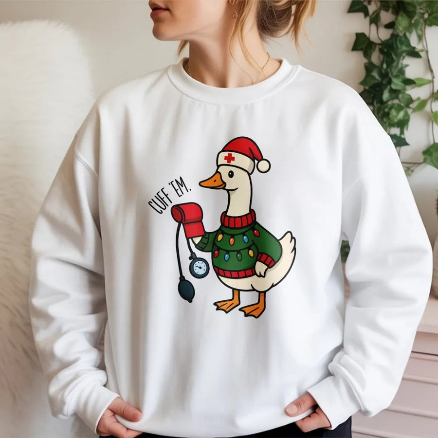 Nurse Christmas Sweatshirt | Funny Goose Cuff Em Graphic Print | Premium Cotton Blend Crewneck | Gift for Nurses & Healthcare Workers