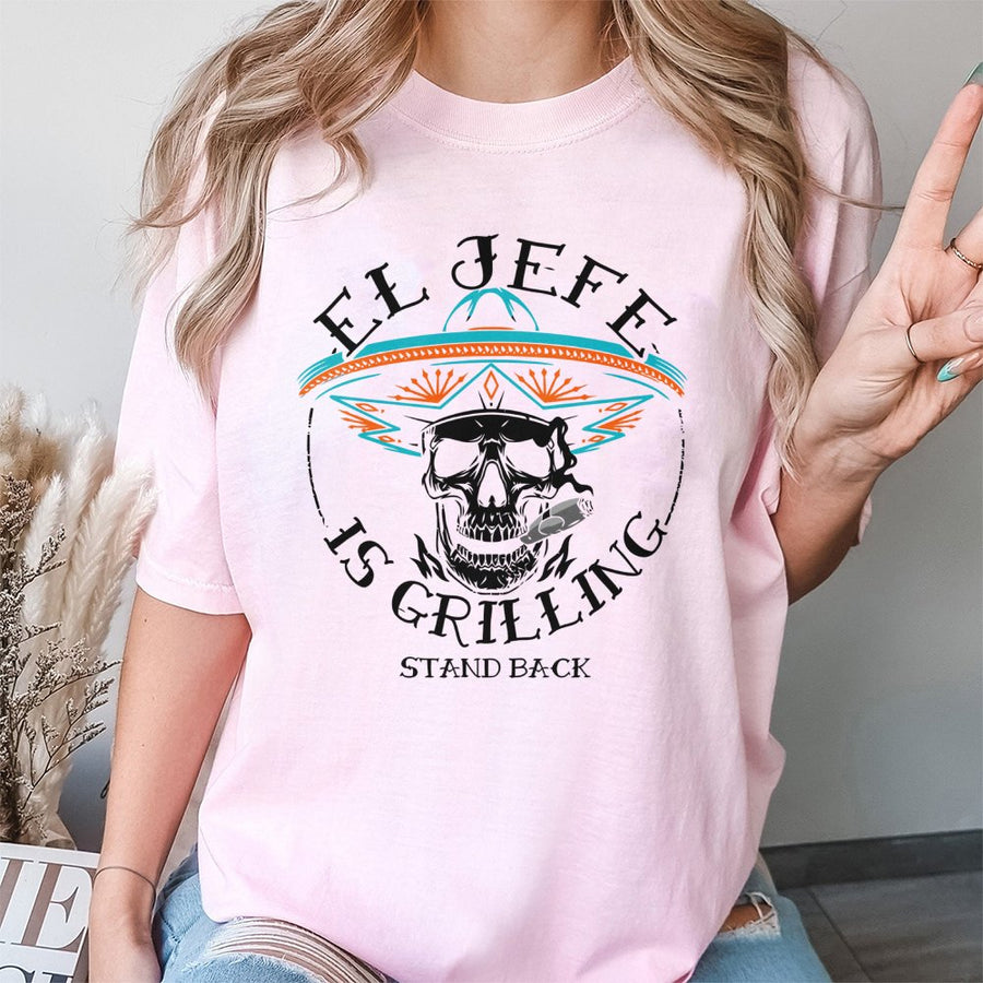 El Jefe Is Grilling T-Shirt | Funny Skull With Sombrero Graphic | 100% Premium Cotton | BBQ Lover Gift For Men And Women