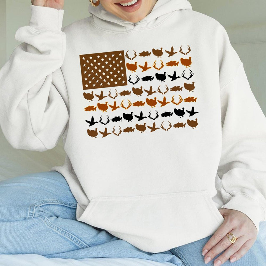 American Flag Hunting Hoodie | Deer Duck Fish Wildlife Graphic | Premium Cotton Blend | Patriotic Gift for Outdoorsman Hunter