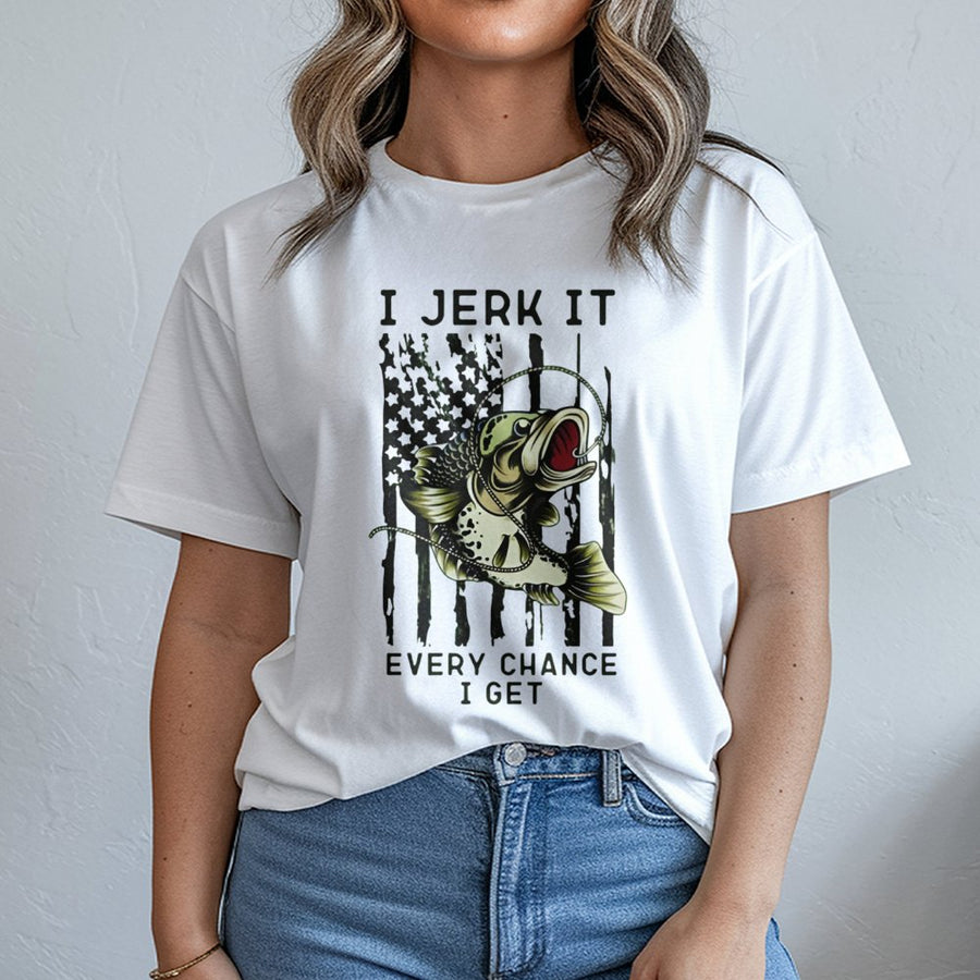 Fishing T-Shirt | Bass Fisherman American Flag Graphic | Premium Cotton Unisex Tee | Funny Outdoor Gift for Dad Angler