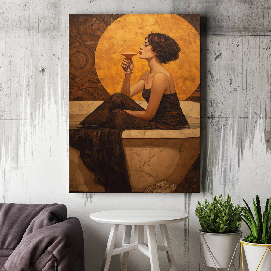 Art Deco Woman Bathing Canvas | Vintage Gold Cocktail Wall Art | Premium Gallery Wrapped Print | Elegant Bedroom Bathroom Decor