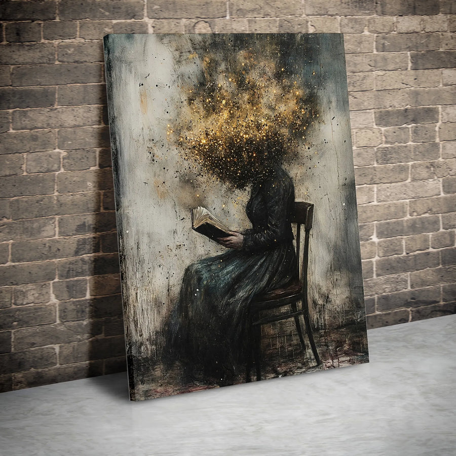 Surreal Woman Reading Canvas Art | Abstract Exploding Glitter Head Design | Gallery-Wrapped Premium Print | Moody Home Office Decor Gift