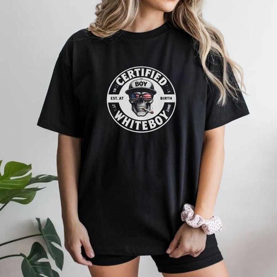 Certified Whiteboy T-Shirt | American Flag Skull Graphic | Soft Unisex Crewneck | Funny Patriotic Gift for Him