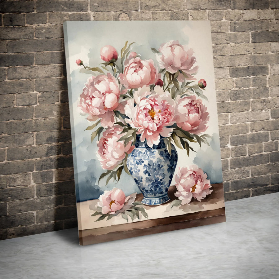 Peony Canvas Wall Art | Watercolor Floral Painting in Chinoiserie Vase | Premium Gallery Wrap Canvas | Farmhouse Living Room Decor Gift