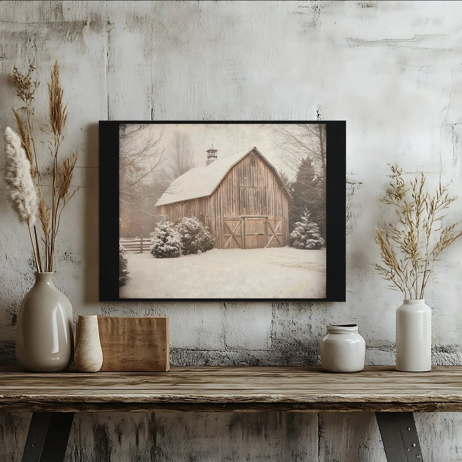 Rustic Winter Barn Wall Art | Snowy Farmhouse Landscape Canvas Print | Premium Gallery Wrap Decor | Farmhouse Holiday Home Gift