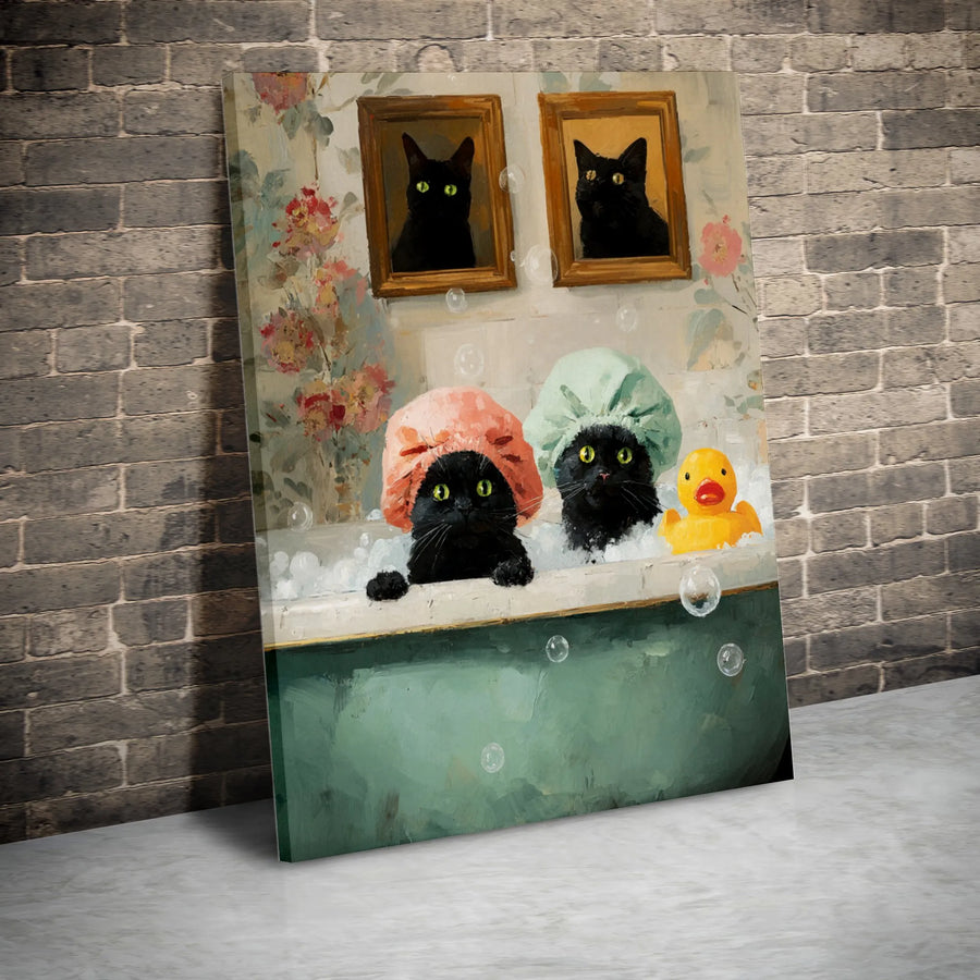 Black Cat Bubble Bath Canvas Wall Art | Funny Shower Cap Kittens Print | Premium 1.25" Gallery Wrap | Whimsical Bathroom Decor Gift for Cat Lovers