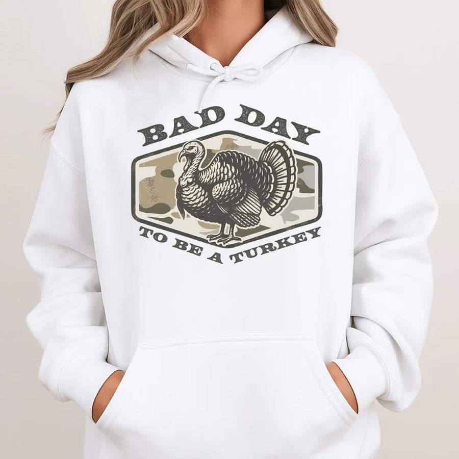 Turkey Hunting Hoodie | Funny 'Bad Day To Be A Turkey' Camo Graphic | Premium Cotton Blend | Gift for Hunter & Outdoorsman