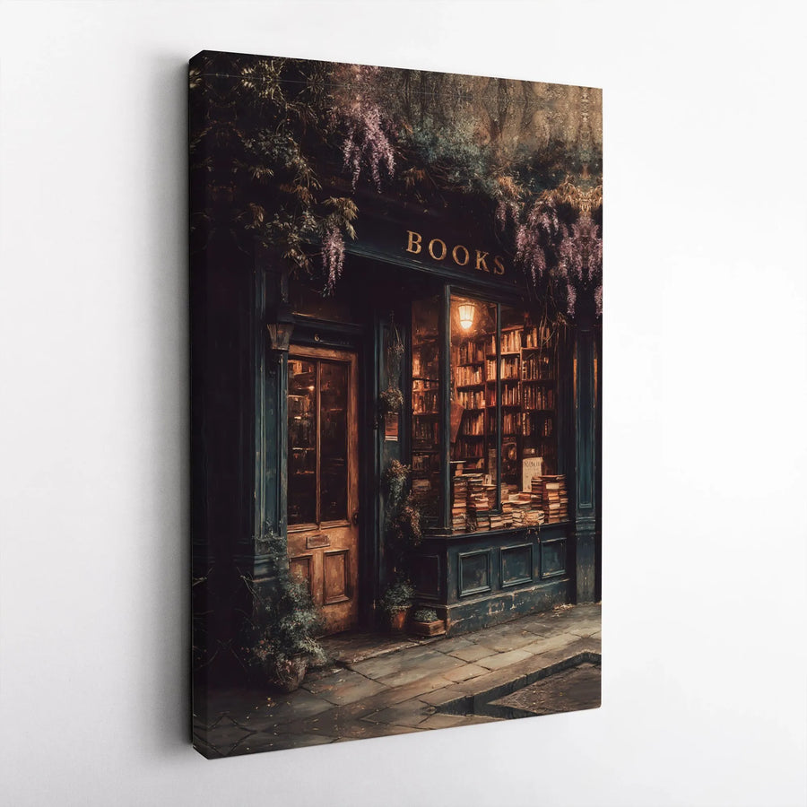 Cozy Bookstore Wall Art | Moody Library Aesthetic With Wisteria | Premium Gallery-Wrapped Canvas | Gift For Readers And Book Lovers