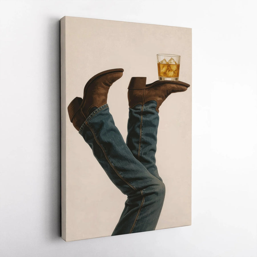 Western Cowboy Boots Whiskey Wall Art | Modern Rustic Home Decor | 1.25-Inch Gallery Wrap Canvas | Unique Gift For Him Or Bar Room Decor