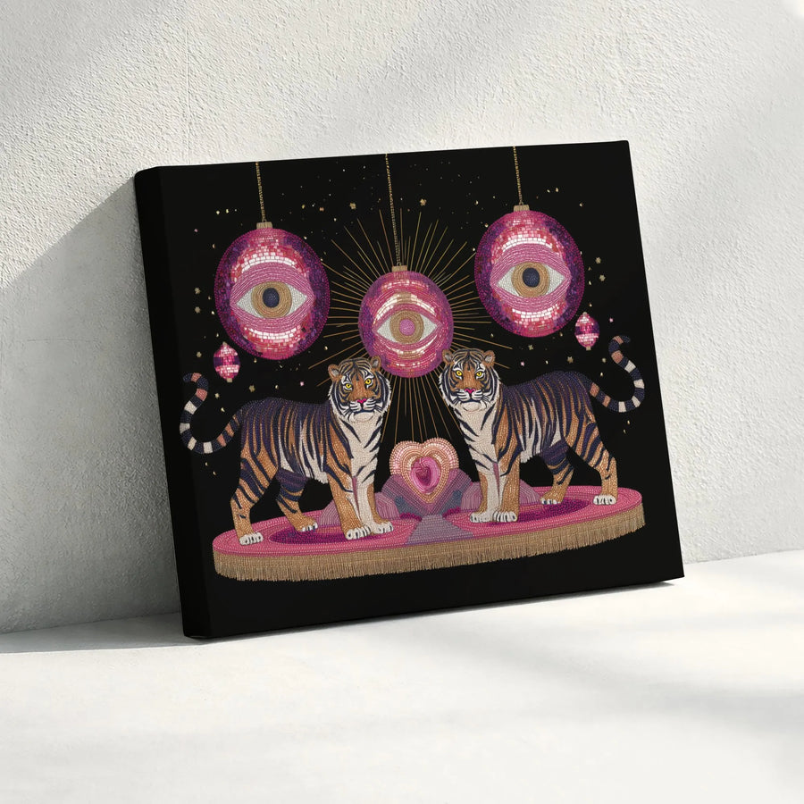 Tiger Wall Art Canvas | Surreal Evil Eye Disco Ball Print | Premium Gallery-Wrapped Decor | Unique Maximalist Home Gift