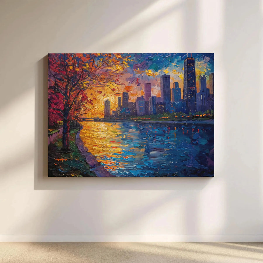 Abstract Cityscape Canvas Wall Art | Impressionist Sunset Painting Print | Premium Textured Art | Modern Urban Home Decor Gift