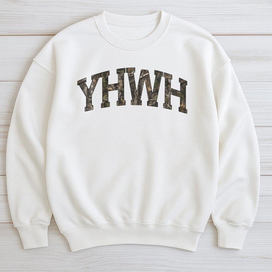 YHWH Sweatshirt | Camo Lettering Christian Apparel | Premium Cotton Blend Unisex Pullover | Faithful Religious Gift For Men And Women