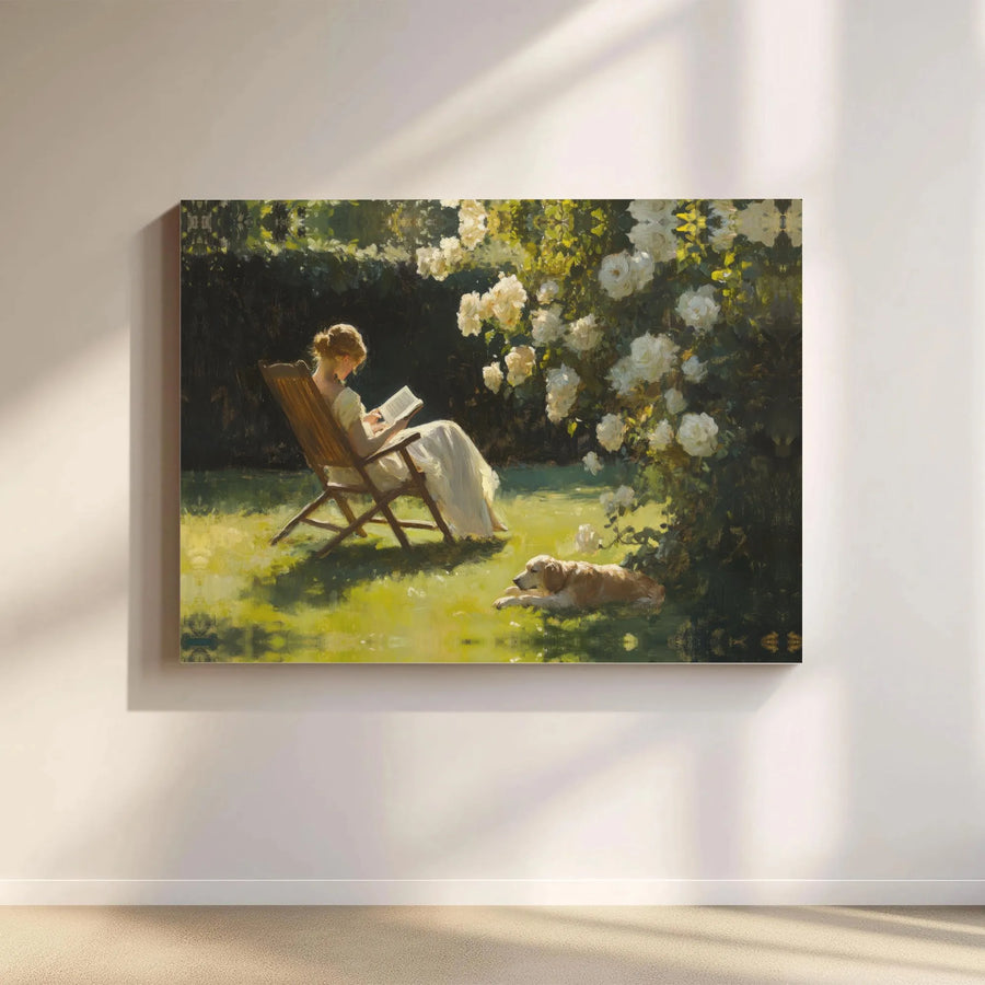 Vintage Woman Reading in Garden Canvas Print | Romantic Rose Garden Painting with Dog | Premium Gallery Wrapped Canvas | Cottagecore Wall Decor Gift for Book Lover