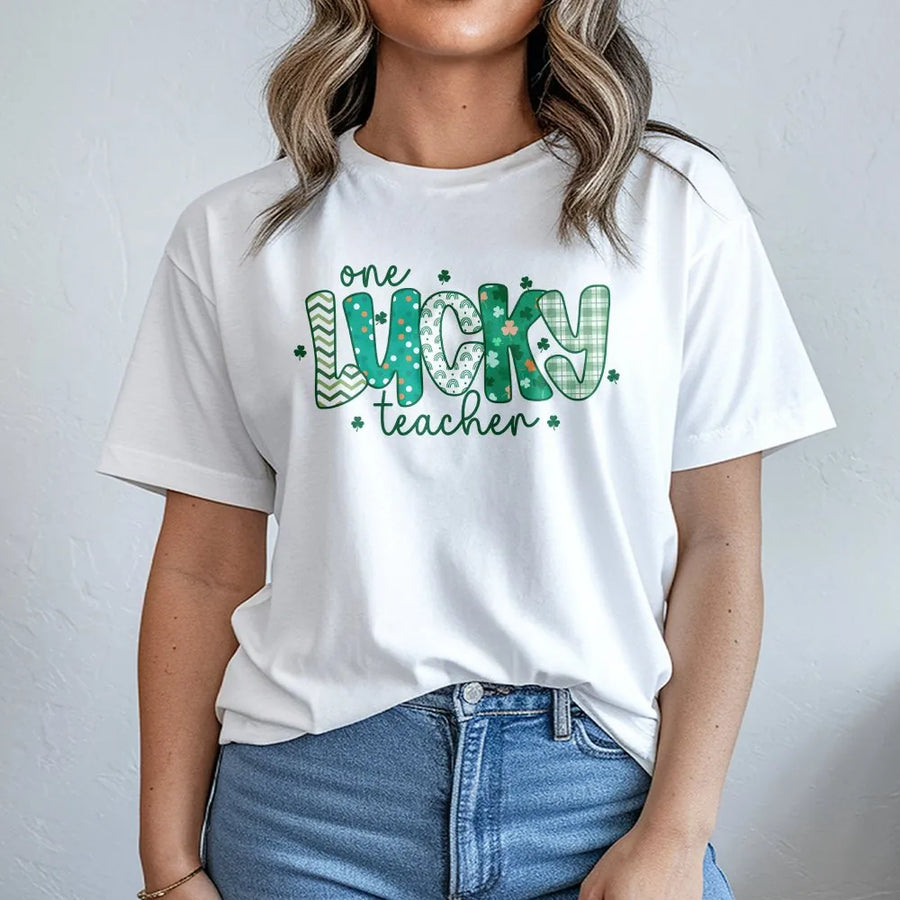 One Lucky Teacher T-Shirt | St Patricks Day Shamrock Design | 100% Cotton Premium Tee | Cute Irish School Gift for Elementary Teachers