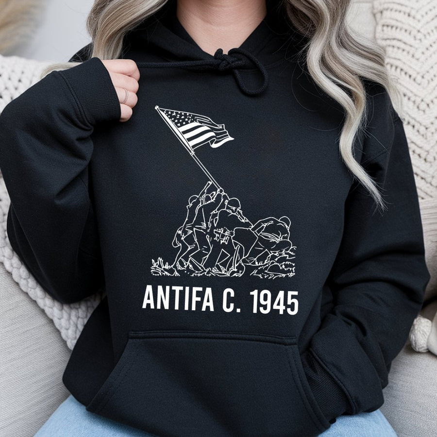 Antifa 1945 Historical Hoodie | Patriotic World War II Graphic | Premium Cotton Blend | Unisex Anti-Fascist Gift For History Buffs