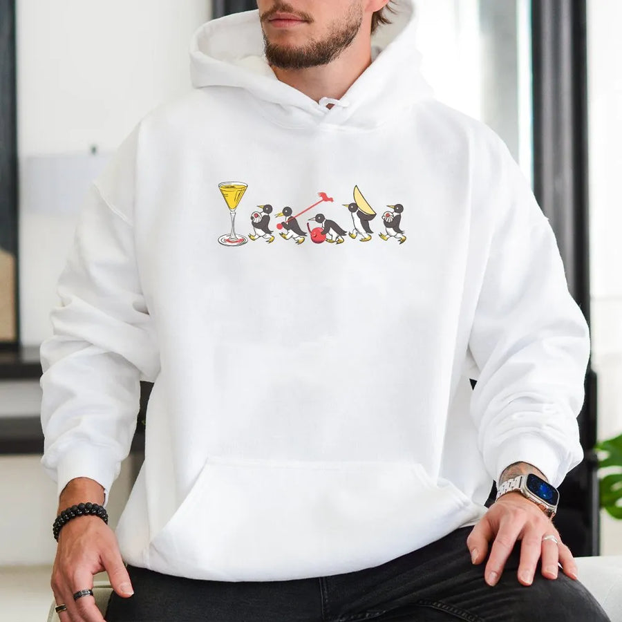 Funny Penguin Hoodie | Cocktail Marching Graphic Pullover | Premium Cotton Blend | Unisex Streetwear Novelty Gift