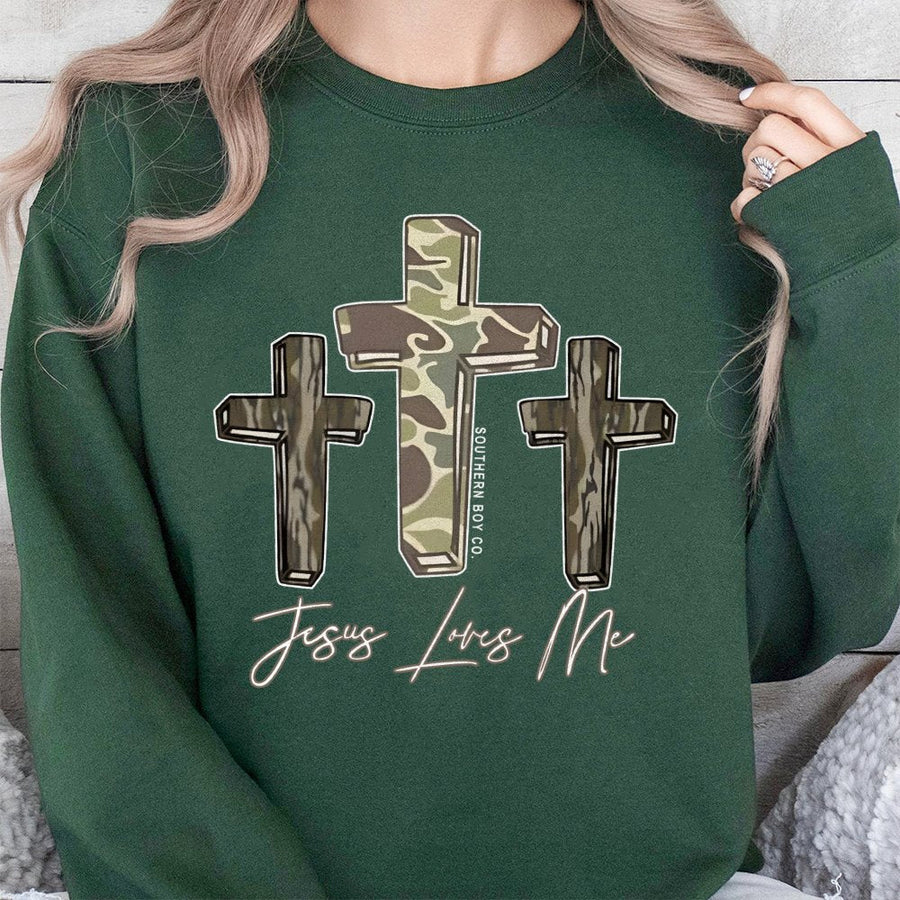 Jesus Loves Me Camo Cross Sweatshirt | Triple Cross Christian Faith Design | Cotton-Poly Blend Premium Quality | Religious Gift for Men and Women