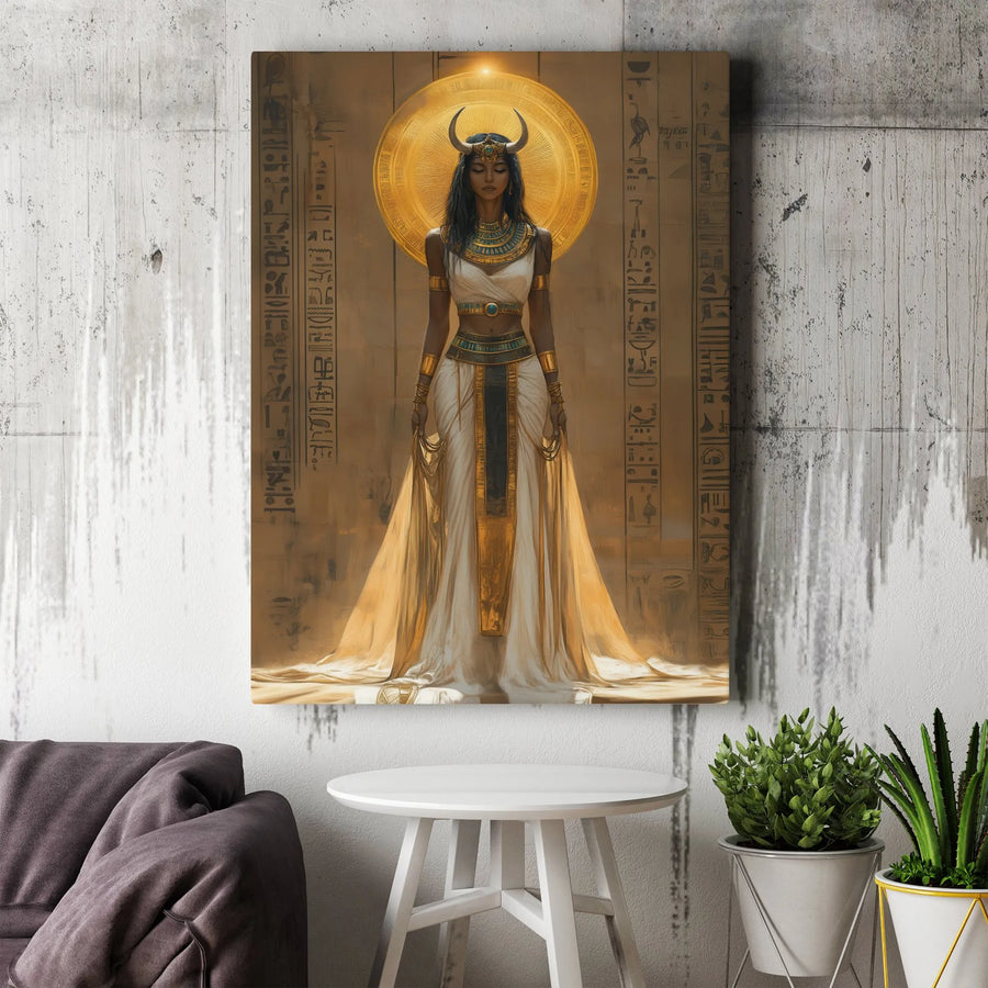 Ancient Egyptian Goddess Hathor Canvas | Golden Sun Disk Mystical Art | Premium Fade-Resistant Wall Decor | Spiritual Home Office Gift