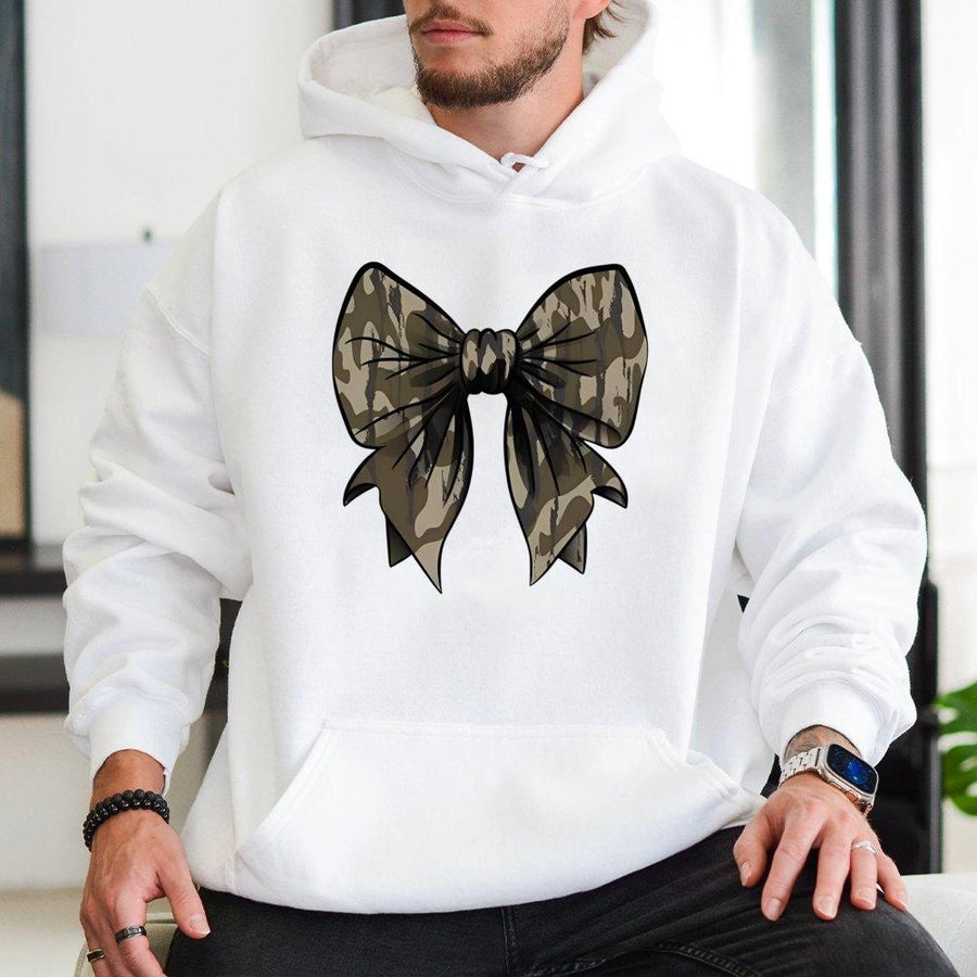 Camo Bow Hoodie | Trendy Coquette Aesthetic Graphic | Premium Cotton Blend Comfort | Cute Fall Sweatshirt Gift for Women
