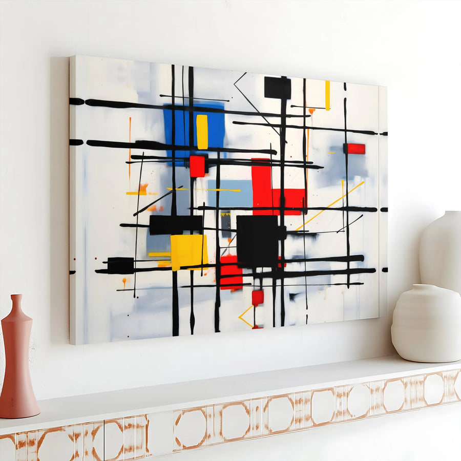 Abstract Geometric Canvas Wall Art | Mondrian Style Print with Primary Colors | Premium Fade-Resistant Print | Office & Living Room Decor Gift